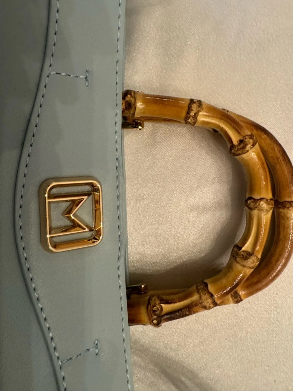 MARELLA Light Blue Leather Satchel with Bamboo Top Handle - Picture 2 of 3